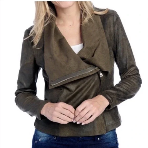 Zara Faux Suede Olive Green Draped Asymmetrical Zip Up Moto Jacket - Picture 2 of 12